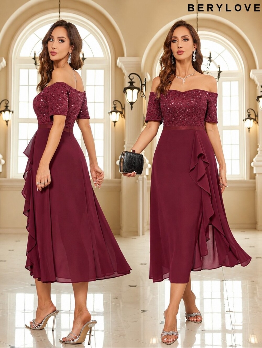 NWT Berylove Burgundy Off Shoulder Sequin Lace Cocktail Evening Party Dress L